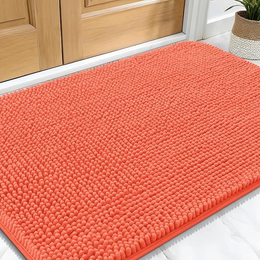 OLANLY Dog Door Mat for Muddy Paws 30x20, Absorbs Moisture and Dirt, Absorbent Non-Slip Washable Mat, Quick Dry Chenille, Mud Mat for Dogs, Entry Indoor Door Mat for Inside Floor, Coral