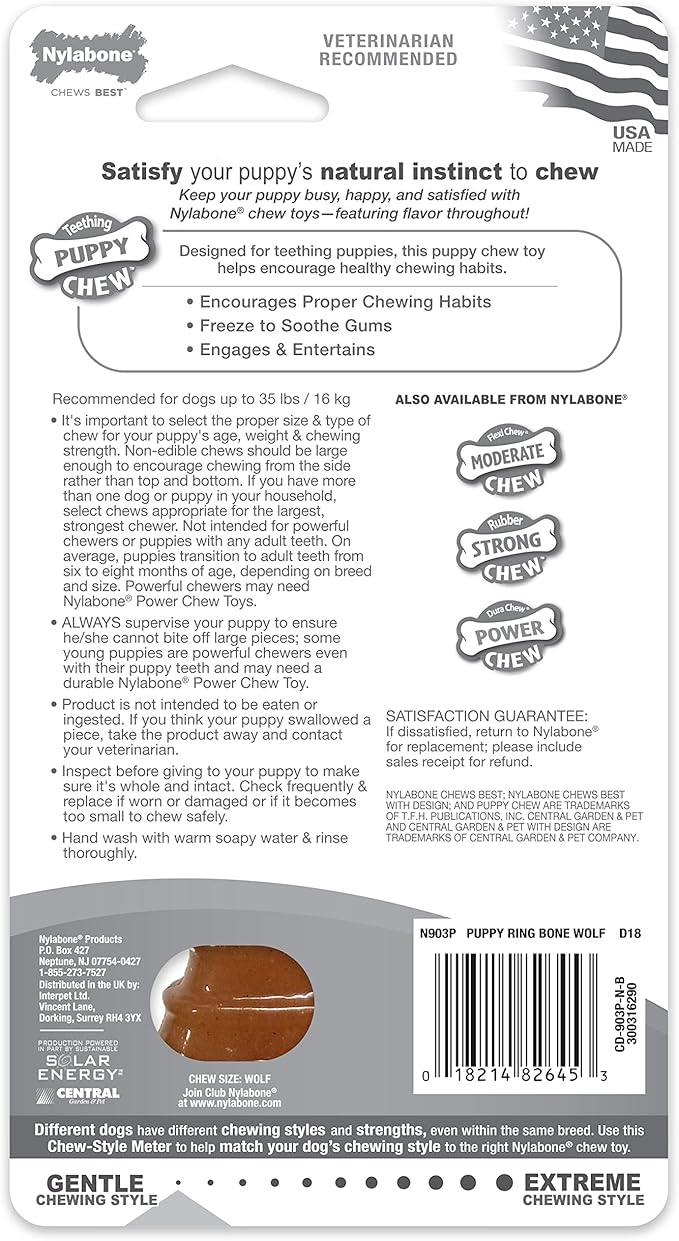 Nylabone Puppy Ring Bone Chew Toy - Puppy Chew Toys for Teething - Puppy Supplies - Chicken Flavor, Medium/Wolf (1 Count)