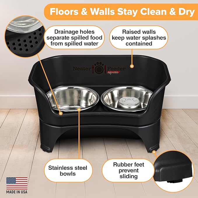 Neater Feeder - Express Model w/ Slow Feed Bowl - Mess-Proof Dog Bowls (M/L, Black) Made in USA – Elevated, No Spill, Non-Tip, Non-Slip, Raised Stainless Steel Food/Water Pet Bowls Aid Digestion