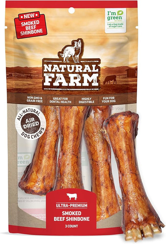 Natural Farm Smoked Beef Shin Bones (3 Pack), 100% Natural Beef Dog Bones, High in Minerals & Vitamins, Mental Stimulation, Grain-Free Long-Lasting Bones for Large and Medium Dogs