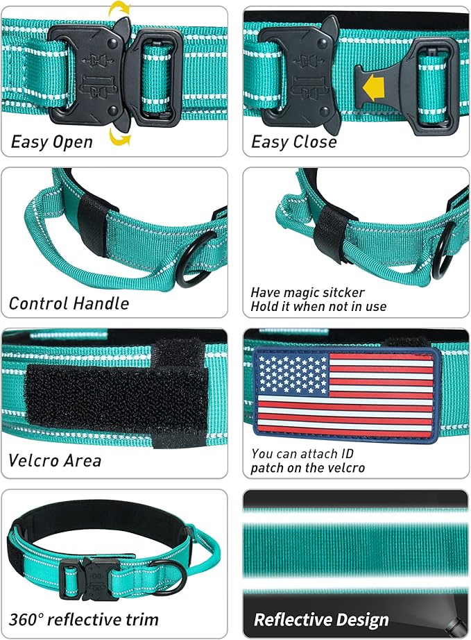 AUBELL Tactical Dog Collar - Adjustable Military Training Nylon Reflective Collar with Handle and Heavy Duty Durable Metal Buckle for Medium Large Dogs, with Airtag Holder and Patches(Teal, L)