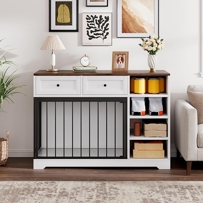 Dog Crate Furniture 47”, Large Dog Crate TV Stand with 2 Drawers and 4 Shelves, Wooden Dog Kennel Indoor, Decorative Dog Cage with Storage for Large Dogs, White
