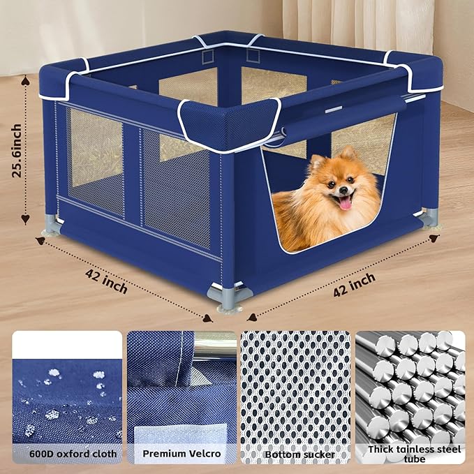 Dog Playpen, 42×42 Inch. Puppy PlayPen with Gate for Puppies,Oxford Cloth Tear Resistant Fabric. Pet PlayPen with Roof for Outdoors & Indoors. Anti-Tipping. Zipper Door. Ideal for Dogs and Cats