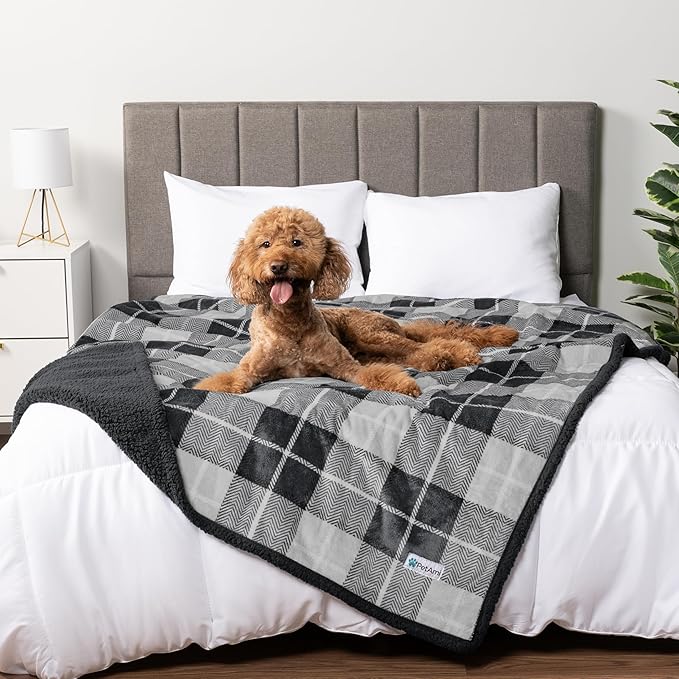 PetAmi WATERPROOF Dog Blanket for Bed, XL Dog Pet Blanket Couch Cover Protection, Sherpa Fleece Leakproof Bed Blanket for Crate Kennel Sofa Furniture Protector, Reversible Soft 80x60 Plaid Charcoal