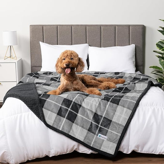 PetAmi WATERPROOF Dog Blanket for Bed, XL Dog Pet Blanket Couch Cover Protection, Sherpa Fleece Leakproof Bed Blanket for Crate Kennel Sofa Furniture Protector, Reversible Soft 80x60 Plaid Charcoal