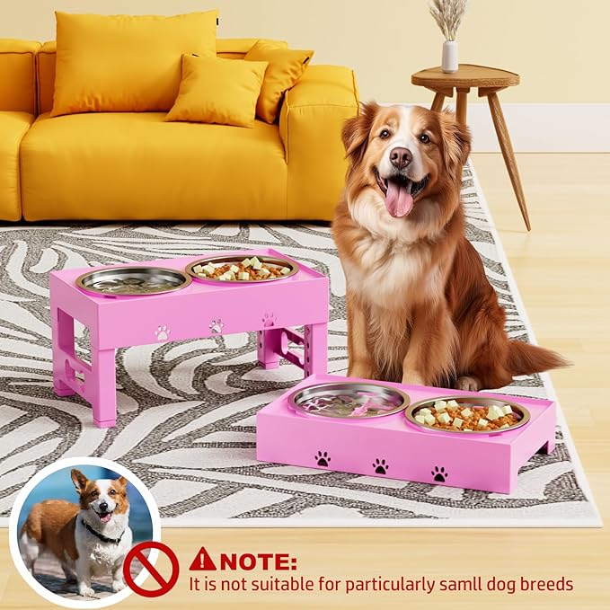 Elevated Dog Bowls with 2 Stainless Steel Bowls, Raised Dog Food Bowl Stand 5 Height Adjustable (3.1", 9", 10", 11", 12") Non-Slip Feeder Set for Medium and Large Dogs - Pink