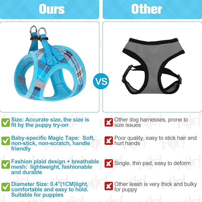 BEAUTYZOO Small Dog Harness and Leash Set,Step in No Chock No Pull Soft Mesh Dog Harnesses Reflective for Extra-Small/Small Medium Puppy Dogs and Cats, Plaid Dog Vest Harness for XS S Pets, Blue M