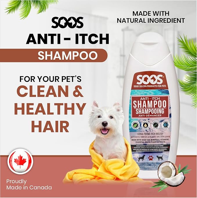 Soos Pet Anti-Itch Shampoo for Dogs and Cats - Natural Dead Sea Fast Absorbing - Clean Fur with Vitamins Minerals Essential Oils Natural Ingredients - 500ml