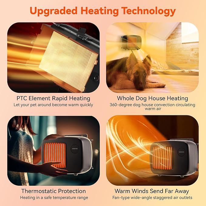 Dreyoo Dog House Heater with Thermostat, Pet House Heater with 6FT Anti Chew Cord and Safe Overheat Protection, 2 Heating Mode (200/400W) Pet House Furnace for Dogs Chicken Coops Rabbits (Black,2 Pcs)