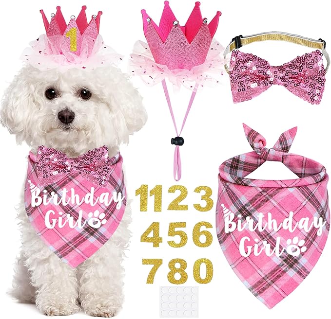 Dog Birthday Party Supplies, Multi Sizes Dog Birthday Bandana Girl Dog Birthday Hat Crown with Birthday Numbers Bow Tie for Small Dogs Pets (Pink, Small)