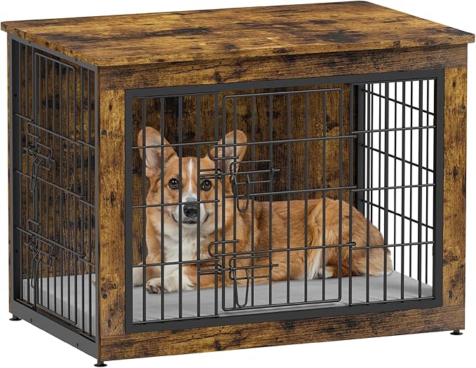 Piskyet Dog Crate Furniture with Cushion,Heavy-Duty Reinforced Metal Mesh,32" Wooden Dog Crate End Table with Double Doors,Indoor Dog Kennel,Dog Cage Side Table for Medium Breed,Rustic Brown