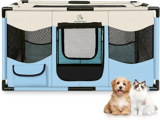 Dog Playpen, Sturdy Puppy Playpens, 32x24x22 Portable Soft Cat Kennel Crate, Indoor & Outdoor Pet Pen with PVC Pipe Frame, Lightweight Cage for Small Animals with Carrying Bag (Blue M)