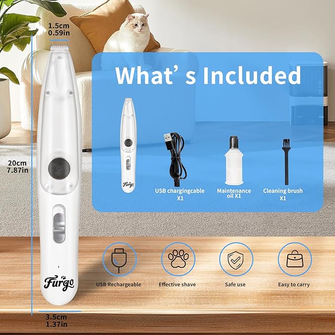FURGO Dog Paw Clippers with LED Light, Cordless Low Noise 2-Speed Pet Grooming Trimmer, Rechargeable Dog Clippers for Paws, Face, Ears, Eyes, with Vacuum Hair Storage and Suction