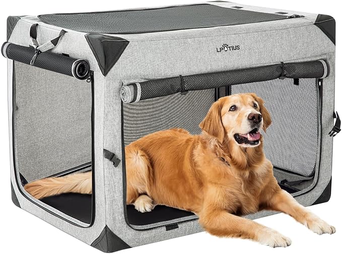 Collapsible Dog Crate for Medium Large Dogs, Portable Travel Dog Crate Soft Pet Kennel with 4-Door Chew Proof Mesh Windows for Indoor & Outdoor