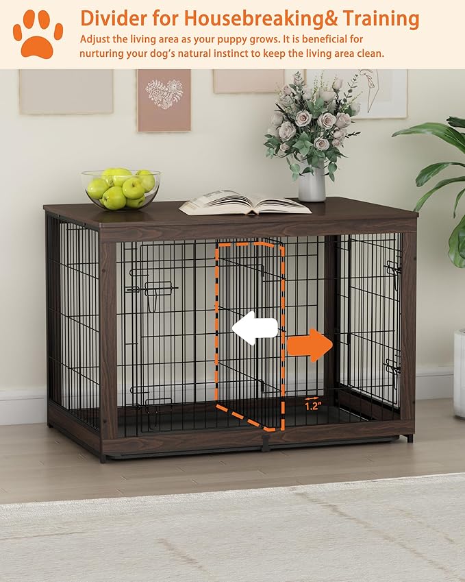 Piskyet Wooden Dog Crate Furniture with Divider Panel, Dog Crate End Table with Fixable Slide Tray, Double Doors Dog Kennel Indoor for Dogs(XL:43.2" L * 28.6" W * 30.3" H,Brown Walnut)