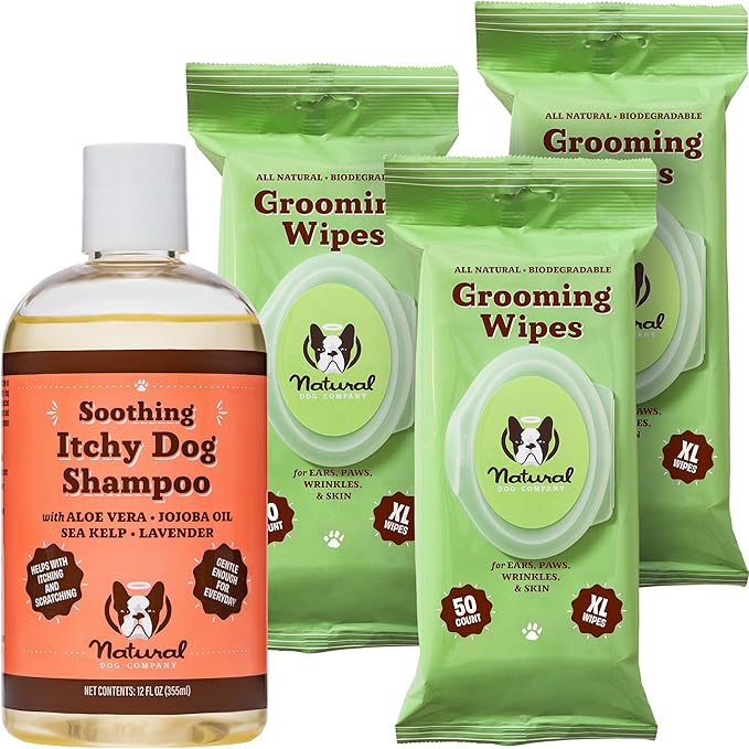 Natural Dog Company Grooming Bundle with (1) Itchy Dog Shampoo,12 oz. and (3) Grooming Wipes, 50 Count Each