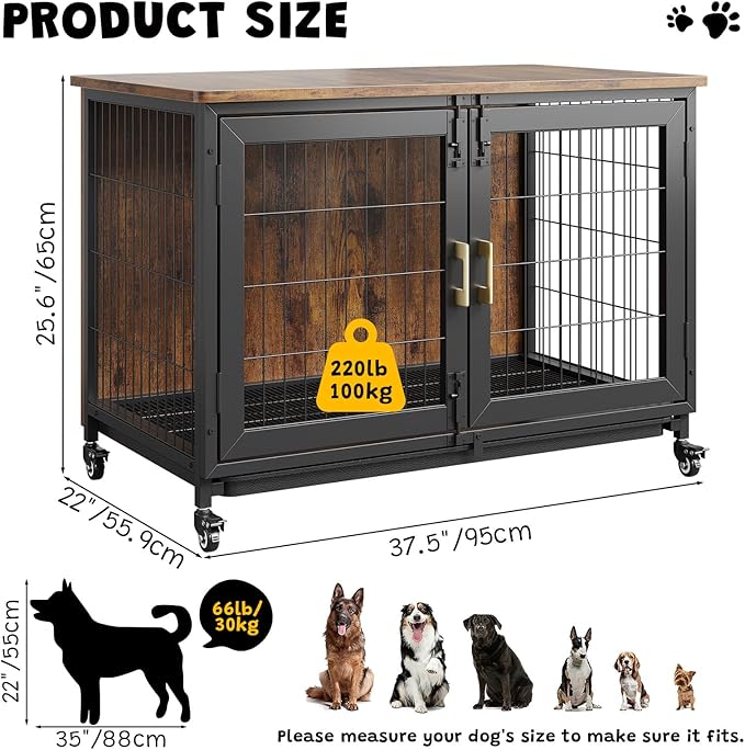 37.5 Inch Wooden Dog Crate with Wheels - Furniture Style Pet Kennel for Small to Medium Dogs Up to 66 Lbs - Multi-Purpose Removable Tray, Decorative Indoor Dog House, Sturdy & Stylish Design
