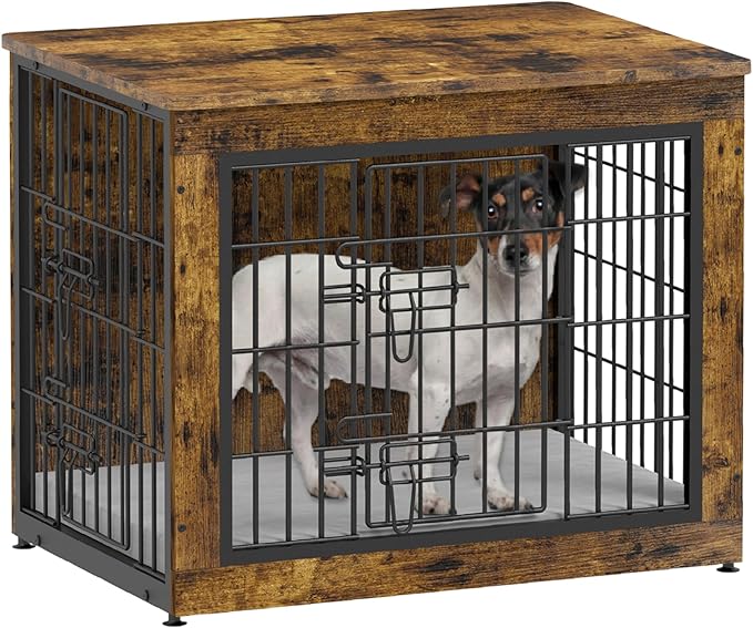Piskyet Dog Crate Furniture with Cushion,Heavy-Duty Reinforced Metal Mesh,27" Wooden Dog Crate End Table with Double Doors,Indoor Dog Kennel,Dog Cage Side Table for Small Breed,Rustic Brown