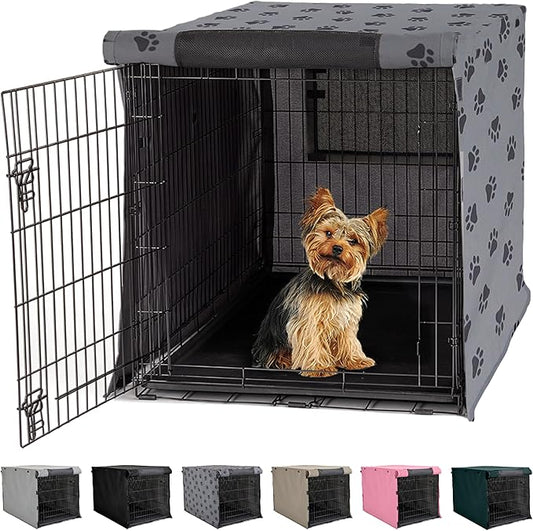 GORILLA GRIP Dog Crate Covers compatible with Amazon Basics Dog Crates, All Sides Open, Privacy Cover Fits 24" Wire Kennel, Breathable Mesh Windows, Light Reducing Puppy Training Cage Topper, Gray Paw