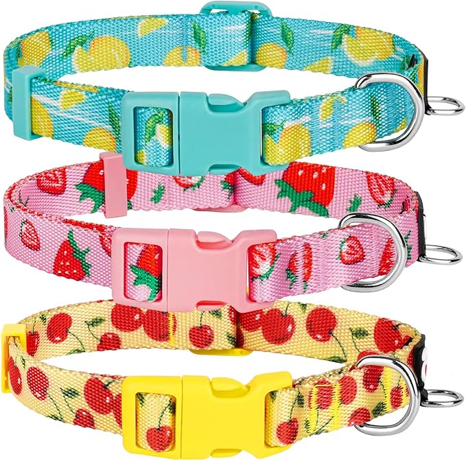 azuza 3 Pack Fruit Design Dog Collars Comfortable and Adjustable Nylon Dog Collars for Large Dogs, L (18-26inch)，Strawberry，Lemon and Cherry
