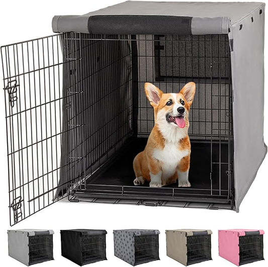 Gorilla Grip Dog Crate Covers Compatible with Amazon Basics Dog Crates, All Sides Open, Privacy Cover Fits 30" Wire Kennel, Breathable Mesh Windows, Light Reducing Puppy Training Cage Topper, Gray