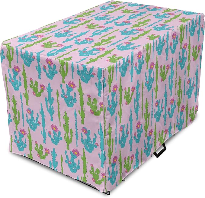 Lunarable Succulent Dog Crate Cover, Pastel Cactus Plants Flowering Desert Botany Foliage in, Easy to Use Pet Kennel Cover for Medium Large Dogs, 48 Inch, Pale Pink Sky Blue Green