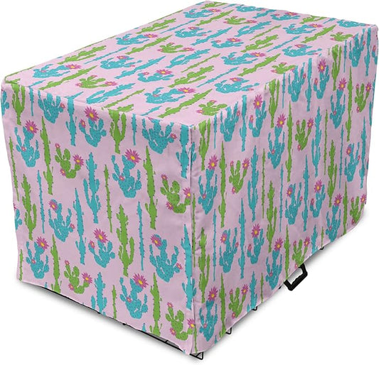 Lunarable Succulent Dog Crate Cover, Pastel Cactus Plants Flowering Desert Botany Foliage in, Easy to Use Pet Kennel Cover for Cats & Medium Dogs, 30 Inch, Pale Pink Sky Blue Green