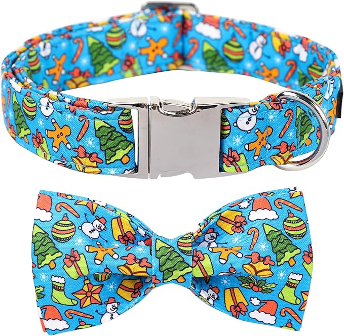 Maca Bates Christmas Dog Collar Cotton Soft Christmas Tree Dog Collar with Metal Buckle Christmas Dog Bow Tie Adjustable for Small Medium Large Dog