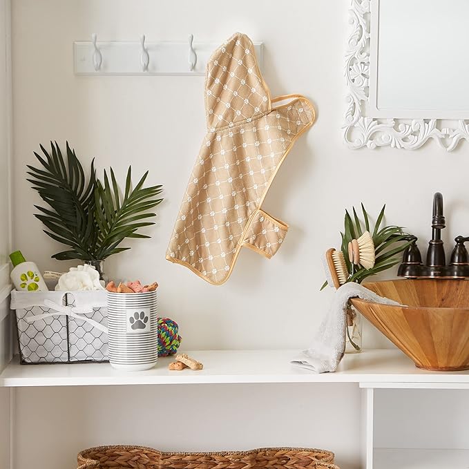 Bone Dry Pet Robe Collection, Trellis Paw Print, Absorbent Microfiber Bath Robe with Adjustable Closure for Dogs & Cats, Small,Taupe