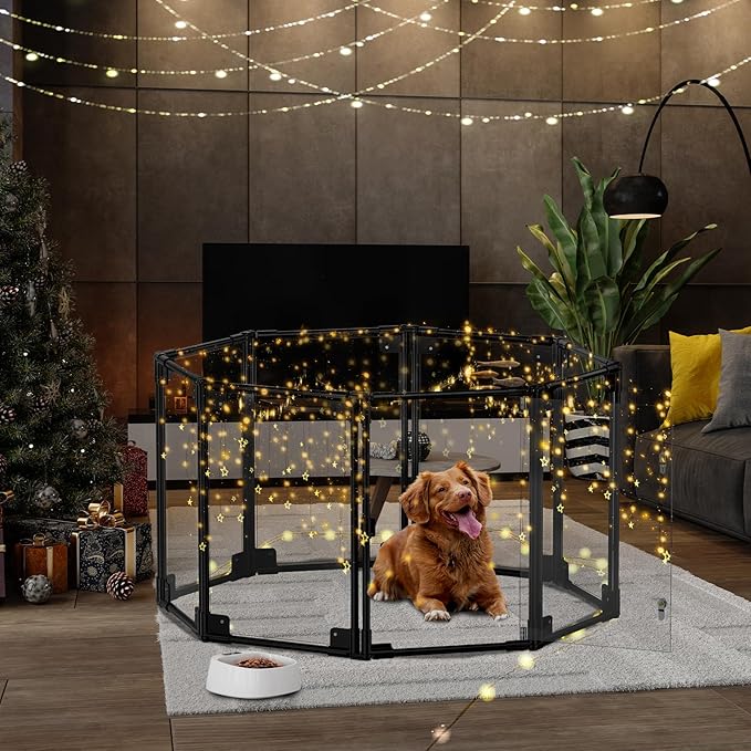 Clear Acrylic Dog Playpen with Door | 35x35x25 Inch Adjustable Pet Playpen | Instant Setup Indoor Dog Pen for Small/Medium Dogs | Hexagon, Octagon Configurations (Black, 8)
