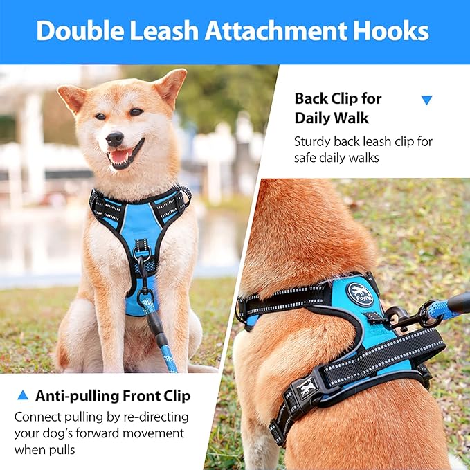 PoyPet No Pull Dog Harness, No Choke Front Clip Dog Reflective Harness, Adjustable Soft Padded Pet Vest with Easy Control Handle for Small to Large Dogs(Blue,M)