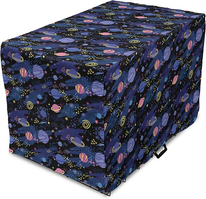 Ambesonne Galaxy Dog Crate Cover, Outer Space Planets Cosmic Journey Milky Way Zodiac Moon Doodle, Easy to Use Pet Kennel Cover for Medium Large Dogs, 48 Inch, Blue Pink