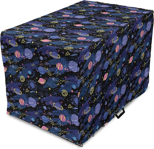 Ambesonne Galaxy Dog Crate Cover, Outer Space Planets Cosmic Journey Milky Way Zodiac Moon Doodle, Easy to Use Pet Kennel Cover for Medium Large Dogs, 42 Inch, Blue Pink