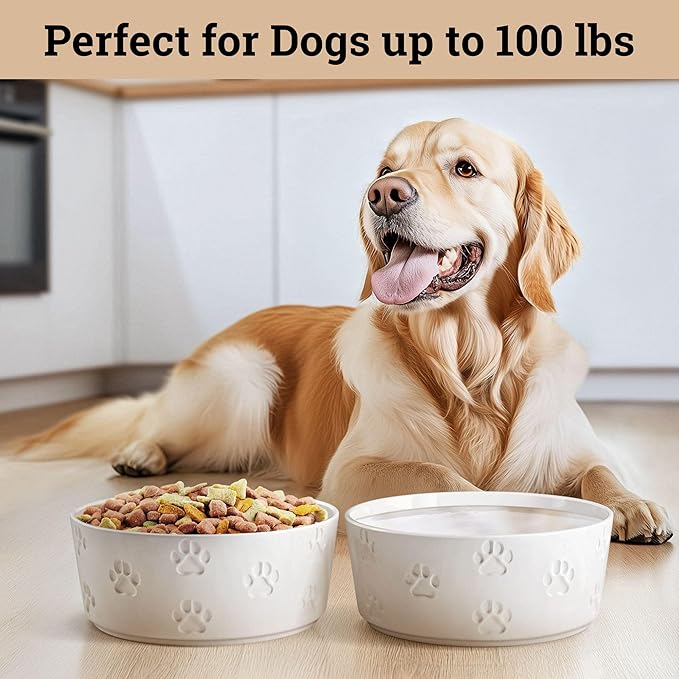 Ceramic Dog Bowl Set of 2 with Anti-Skid Base - 7.5" Wide x 3" Tall Ceramic Dog Bowls for Large Dogs - 5 Cup Capacity Food and Water Bowls for Dogs - Rubber Bottom Pet Bowl Set of 2 for Large Pets
