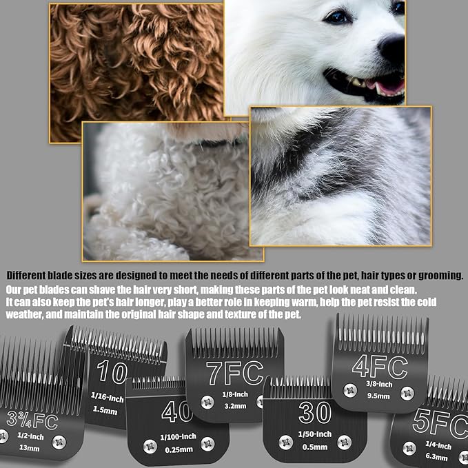 7 Pack Detachable Dog Grooming Steel Blades with Blade case Holder,Compatible with Andis,Oster A5,Wahl KM-10 Series,Cutting Length 1/100" to 1/2"(10+30+40+7FC+5FC+4FC+3-3/4FC-black)