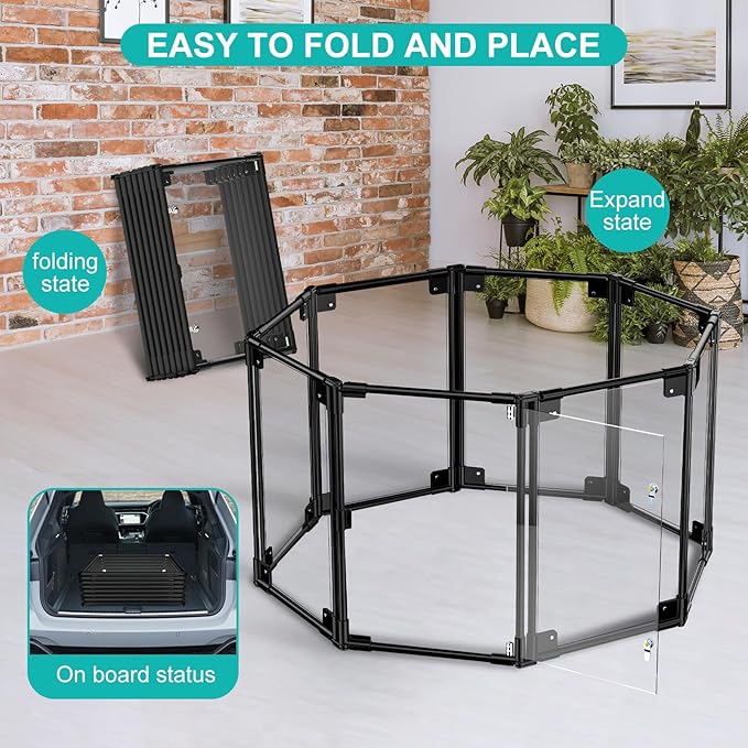 Clear Acrylic Dog Playpen with Door | 35x35x25 Inch Adjustable Pet Playpen | Instant Setup Indoor Dog Pen for Small/Medium Dogs | Hexagon, Octagon Configurations (Black, 8)