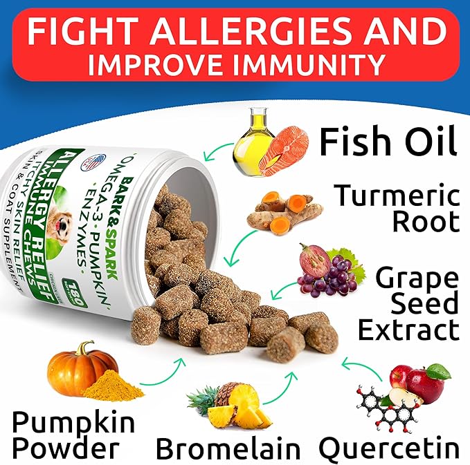 BARK&SPARK Dog Allergy Relief Chews (180 Treats) - Anti-Itch Skin & Coat Supplement - Omega 3 Fish Oil - Itchy Skin Relief Treatment Pills - Itching&Paw Licking - Dry Skin & Hot Spots - Chicken Liver