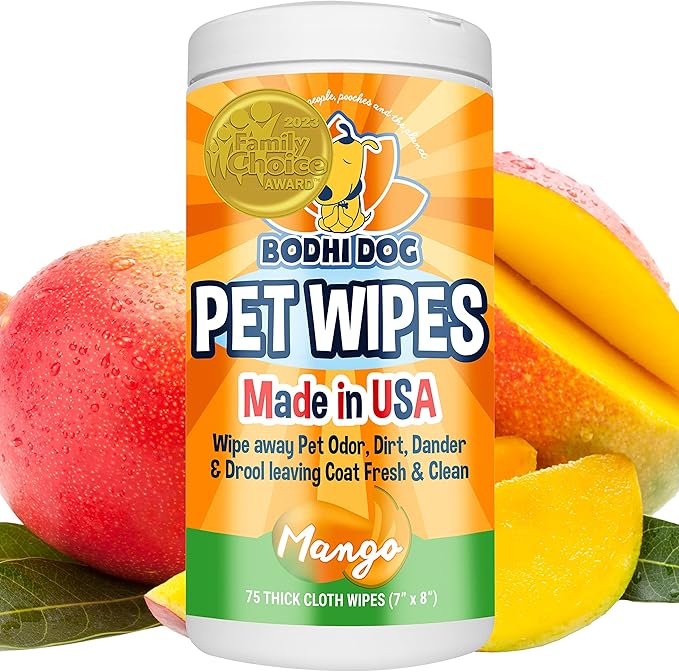 Bodhi Dog Pet Wipes - Grooming, Cleaning and Deodorizing Wipes for Dogs & Cats - No Parabens or SLS - Large, Thick, Wet Wipes - Wipe Away Pet Odors & Refreshes Coat - Mango Scent (75 Count)