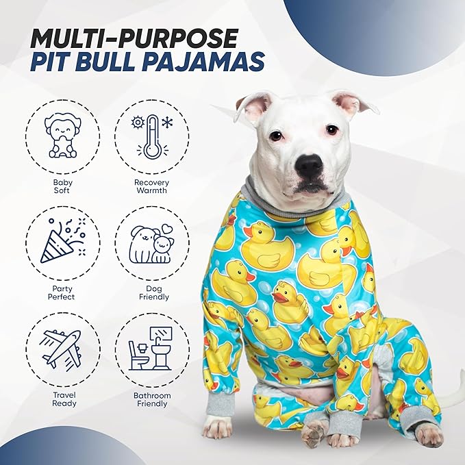 Tooth & Honey Pit Bull Pajamas – Rubber Duck Print Lightweight Pullover with Full Coverage – Yellow with Grey Trim Dog PJs