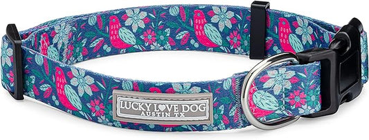 Lucky Love Dog, Whimsical Bird Dog Collar, Vivid Pink, Mint, Blue Flowers Large Dog Collar, Adjustable Collars for Female Male Dogs - (L, Carriebelle Collar)
