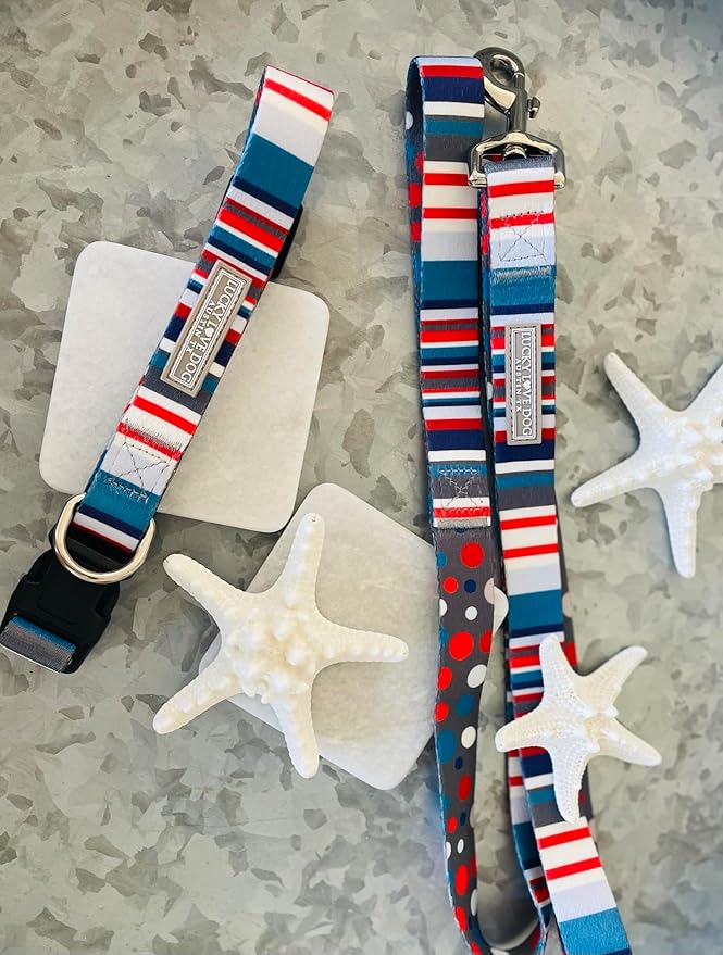 Lucky Love Dog, Nautical Dog Collar, Polka Dot Blue Red White Striped Collar for Male Female Dogs, Adjustable & Comfy - (X-Small, Linus Collar)