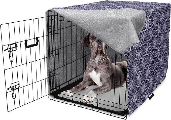 Lunarable Royal Blue Dog Crate Cover, Antique Moroccan Style Exotic Orient Inspired Ceramic Pattern Print Art, Easy to Use Pet Kennel Cover for Medium Large Dogs, 48 Inch, Indigo and White