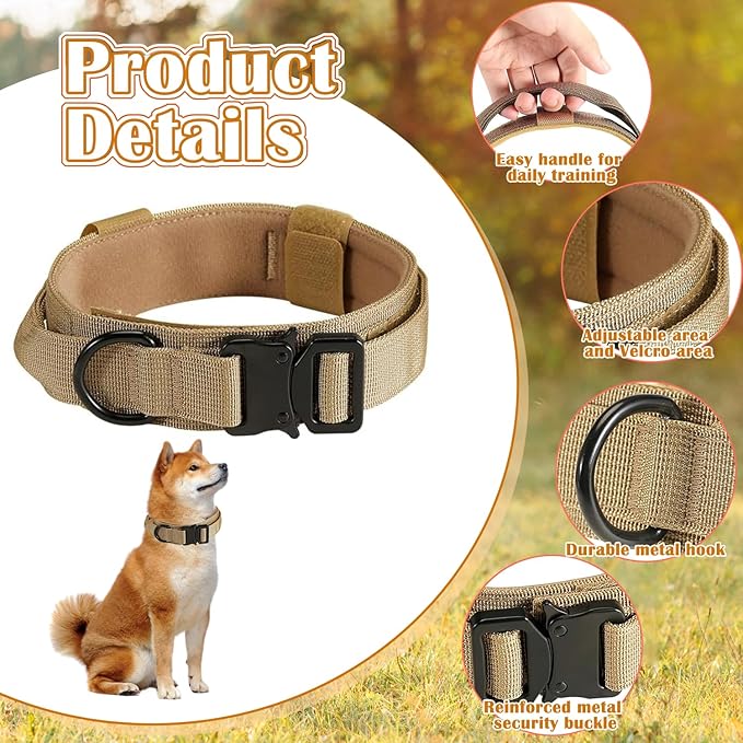 Tactical Dog Collar and Leash Set, Adjustable Military Nylon Dog Bungee Leash and Collar with Handle and Heavy Metal Buckle, Dog Training Collar Leash Set for Medium Large Dog (L, Brown)