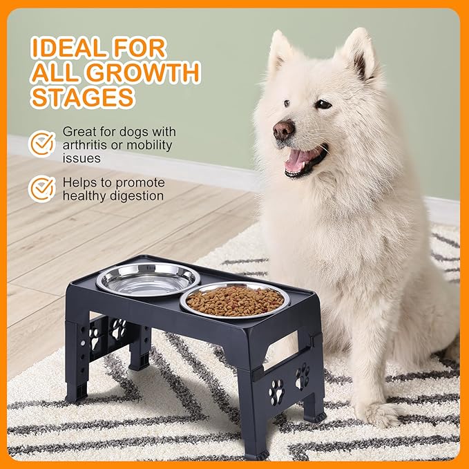 Elevated Dog Bowls - Raised Stand With 2 Stainless Steel and 1 Slow Feeder Bowl, Adjustable 5 Heights for Medium Large Dogs, Non-Slip, Black