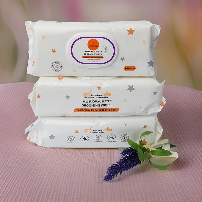Aurora Pet Wipes – 100% Natural, Plant-Based Hypoallergenic Grooming Wipes for Dogs & Cats – Extra-Durable, Large & Thick for Effortless Cleaning (Lavender, 200 Count)