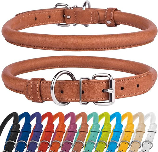 CollarDirect Rolled Leather Dog Collar, Soft Padded Round Puppy Collar, Handmade Genuine Leather Collar Dog Small Large Cat Collars 13 Colors (18-22 Inch, Cinnamon Textured)