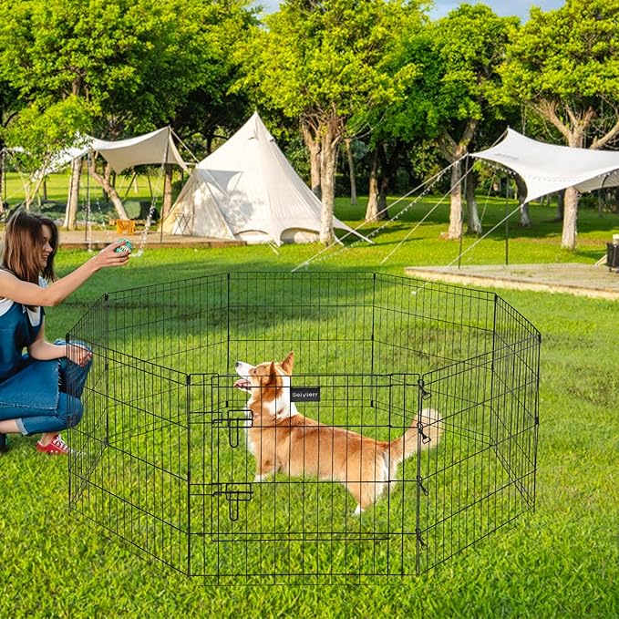 Metal Dog Fence for Camping, Foldable Cat Exercise Pens with Doors, Pet Playpen Puppy Play Pen Indoors Outdoors Temporary Fence,8 Panel 24" W x H