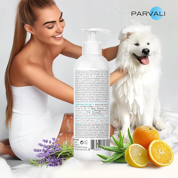 Natural Dead Sea White Glamor Pet Shampoo (250 ml, 8.45 fl oz). Gentle Bleaching for White Fur Breeds. Silky-Touch, Minerals Rich, Extra-Scented Formula for Gentle and Easy Application. Enjoy!