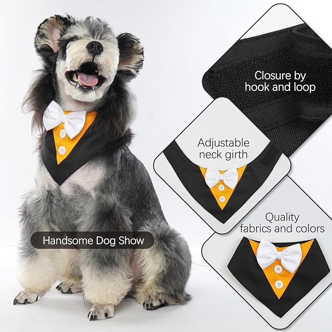 FUAMEY Tuxedo Bandana Collar With Bow Tie - Dog Wedding Attire, Birthday Costume, Valentines Cosplay for Small Medium Large Pets - Adjustable Pet Party Tux for Halloween L