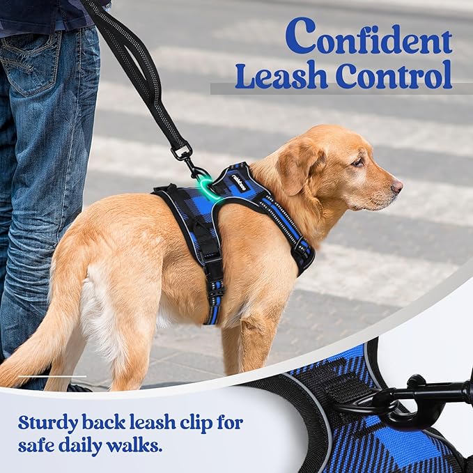 rabbitgoo Dog Harness for Large Dogs No Pull, Comfortable Padded Plaid Dog Harness with Handle Easy Control, Adjustable Reflective Puppy Pet Harness Vest with 2 Leash Clips, Blue Plaid, L